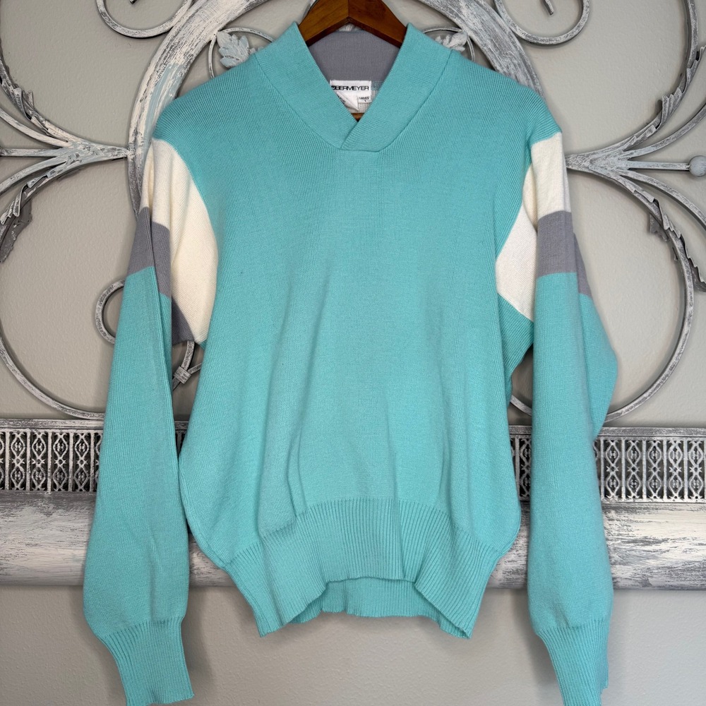 Obermeyer Sarah Vintage 80s Teal Colorblock Wool Blend Ski Sweater Womens L EUC - Picture 1 of 8